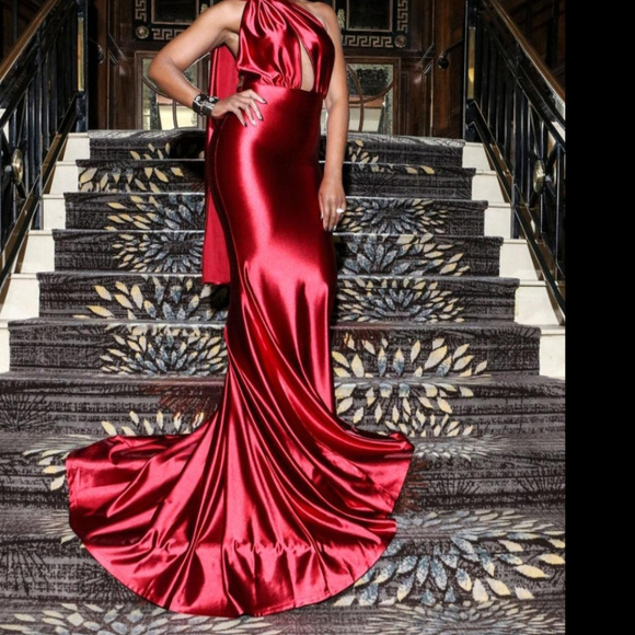 red satin fishtail dress